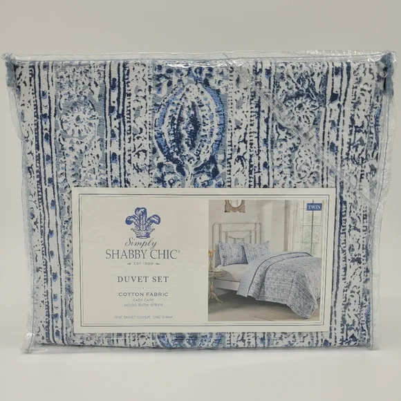 Simply Shabby Chic Duvet Set Indigo Batik Stripe Floral Blue 2 Pc TWIN Size NEW